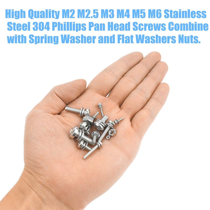 DYWISHKEY 480 PCS M2 M2.5 M3 M4 M5 M6, 304 Stainless Steel Phillips Pan Head Screws Combine with Spring Washer and Flat Washers Nuts Assortment Kit - Image 4